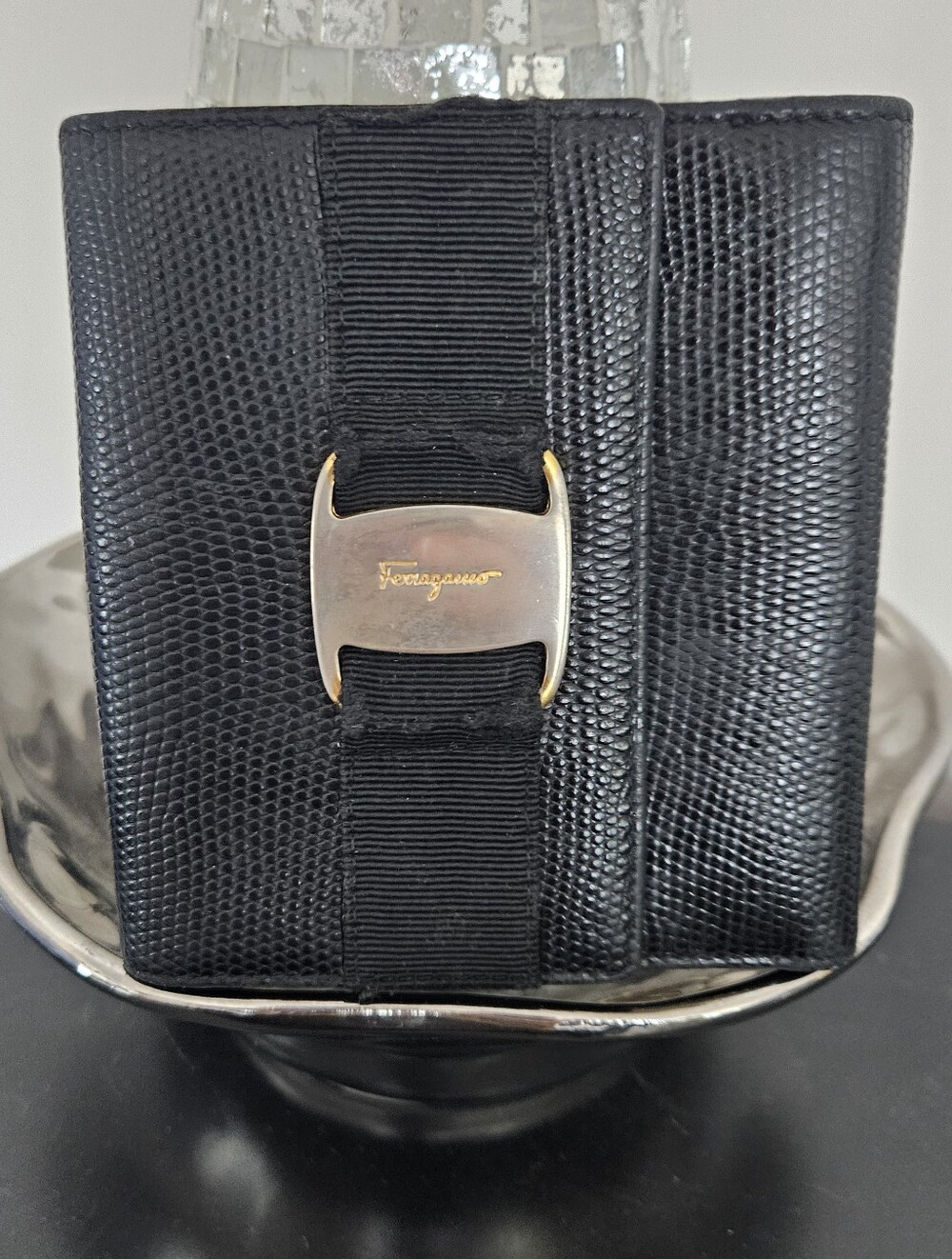 Salvatore Ferragamo Black Leather and Bow Wallet with Gold Hardware